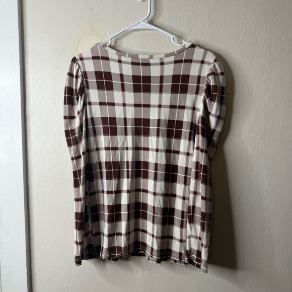 Ann Taylor Brown White Plaid Puff Sleeve Blouse - Picture 4 of 6